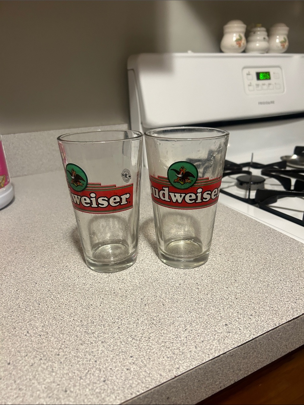 Budweiser Clear Pint Glasses with Red and Green Logo - Pair
